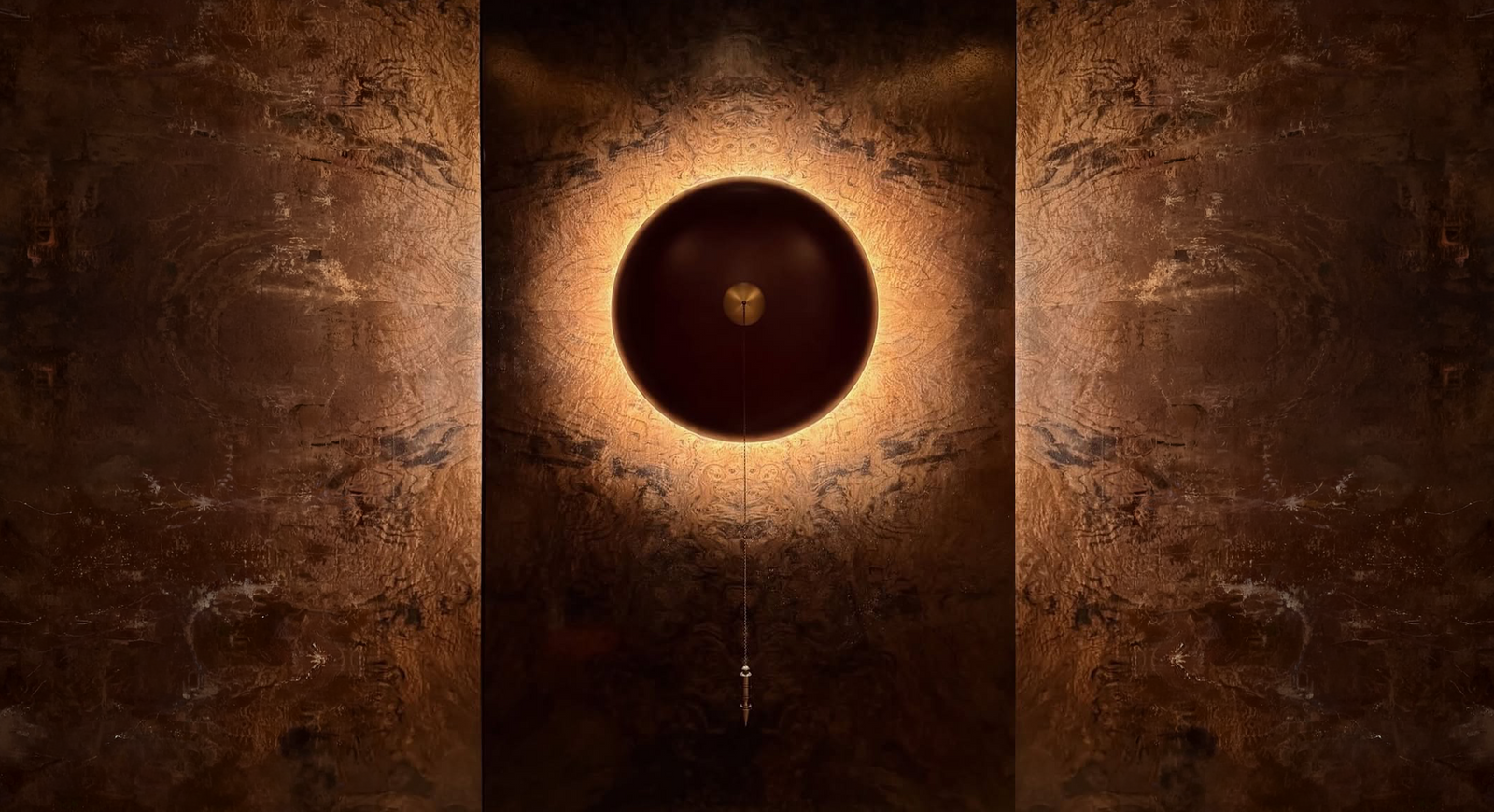 Decorative wall light fixture with a warm glow on a textured brown wall.